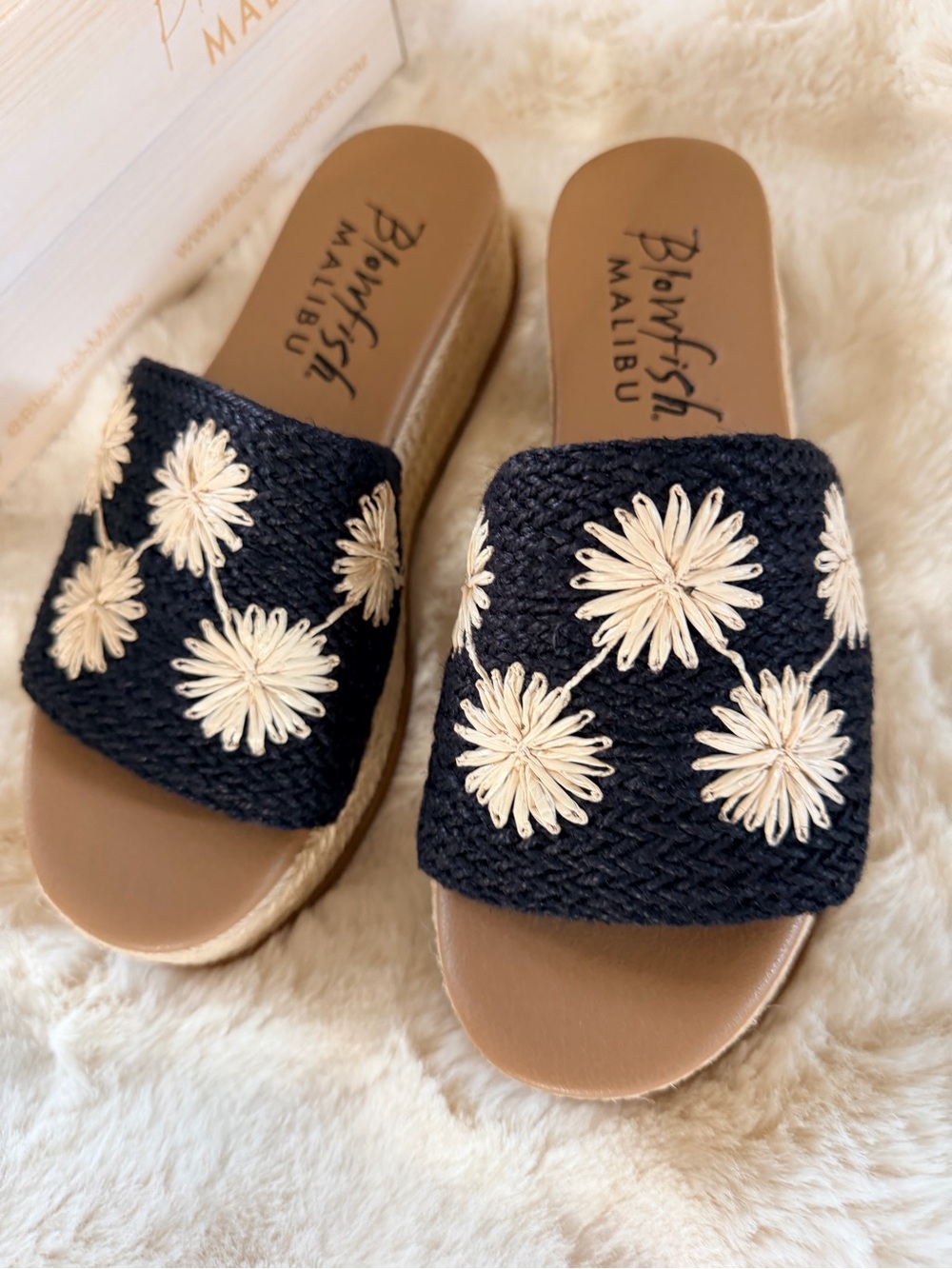 NWB Blowfish Black Slide Mules with Cream Floral Embroidery